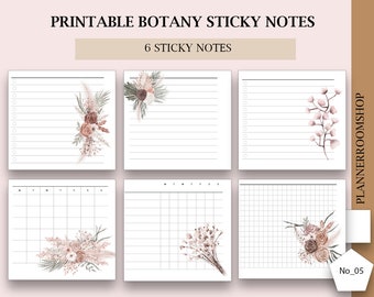 Printable botany sticky notes, Memo sheets, To do list with floral designs, Printable paper template