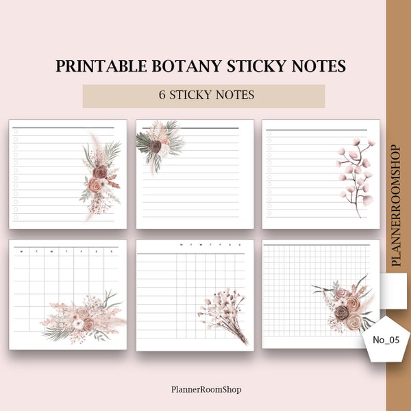 Printable botany sticky notes, Memo sheets, To do list with floral designs, Printable paper template
