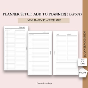 Puede incluir: Insertos de planificador blancos con el texto "PLANNER SETUP, ADD TO PLANNER | 2 LAYOUTS" y "MINI HAPPY PLANNER SIZE". Los insertos tienen páginas rayadas para notas y listas de verificación. El logotipo de PlannerRoomShop es visible.