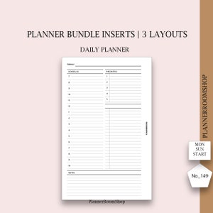 May include: A black and white daily planner printable with the words "Planner Bundle Inserts | 3 Layouts" and "Daily Planner" at the top. The planner has sections for "Schedule", "Priorities", and "Notes".