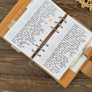 May include: A tan leather ring-bound planner open to January and February 2025 calendar pages. The white paper inserts feature handwritten daily entries in black ink, small coffee cup illustrations, and metal binder rings securing the pages.