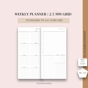 Printable weekly planner, 2.5 mm grid layout, Standard TN, A5 slim planner size, Gorizontal minimal weekly layout, 163