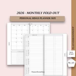 May include: A white personal rings planner insert with the text "2026 - MONTHLY FOLD OUT" and "PERSONAL RINGS PLANNER SIZE". The insert includes a monthly calendar, a daily schedule, and a notes section. The PlannerRoomShop logo is visible.