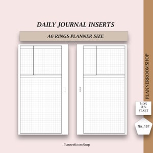 Könnte beinhalten: Zwei A6-Ringplaner-Einsätze mit Rasterlayout für das tägliche Journaling. Die Einsätze haben einen oberen Abschnitt und einen größeren unteren Abschnitt mit dem Text "DAILY JOURNAL INSERTS" und "A6 RINGS PLANNER SIZE". Das PlannerRoomShop-Logo ist sichtbar.