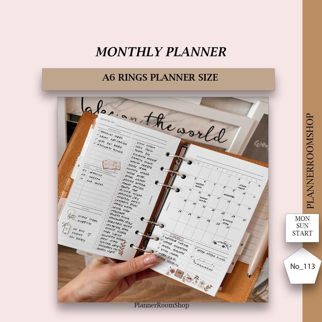 Printable Monthly Planner A6 | Month at a Glance Insert | Undated ...