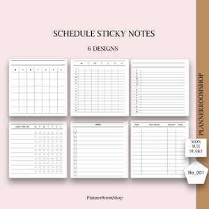 May include: Six printable planner sticky note designs. The designs include a weekly schedule, a habit tracker, an inbox list, and a blank grid. The text "SCHEDULE STICKY NOTES" and "6 DESIGNS" is at the top of the page. The text "PlannerRoomShop" is at the bottom of the page.