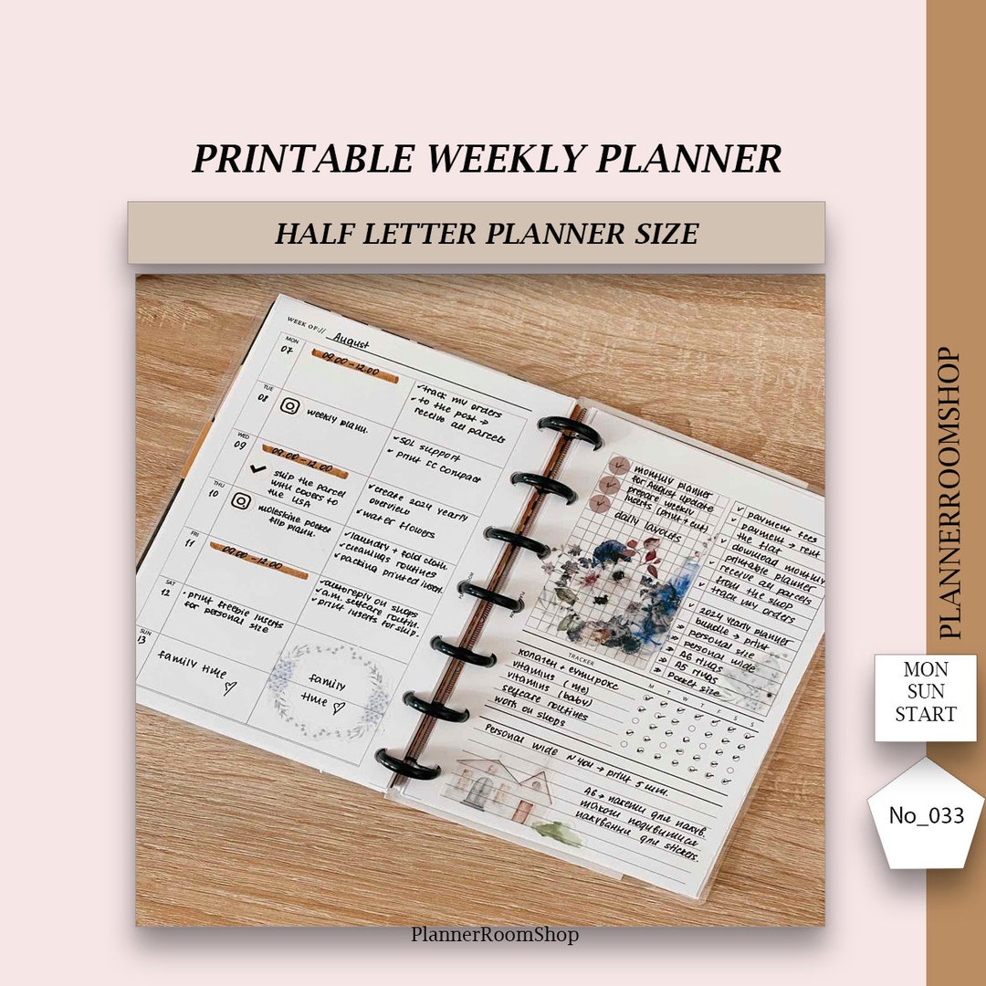 Weekly Printable Planner, Half Letter Inserts, Undated Weekly Planner ...
