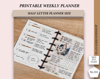Wekelijkse afdrukbare planner, Half Letter-inserts, Ongedateerde weekplanner, Functionele weekagenda, 033