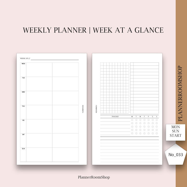 May include: A white weekly planner with a grid layout for each day of the week, and a tracker section. The planner includes the text "WEEKLY PLANNER | WEEK AT A GLANCE" and "PlannerRoomShop". The design is minimalist and functional.