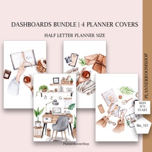 May include: A bundle of four planner covers in half letter size featuring watercolour illustrations of cosy desk setups, open books, coffee mugs, stationery, and plants. The text reads DASHBOARDS BUNDLE | 4 PLANNER COVERS, HALF LETTER PLANNER SIZE, PLANNERROOMSHOP, MON SUN START, and No_151.