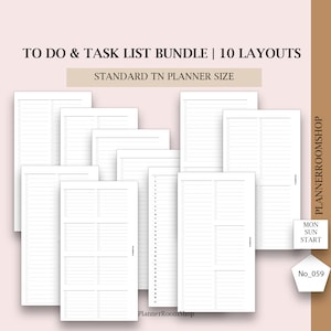 May include: A collection of ten white to-do and task list layouts for a standard TN planner size. The pages are lined with checkboxes and numbered lists. The text "TO DO & TASK LIST BUNDLE | 10 LAYOUTS" is at the top.
