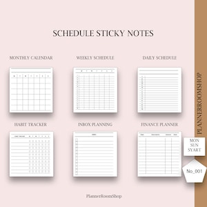 May include: A set of six printable sticky note templates for planning and organization. The templates include a monthly calendar, weekly schedule, daily schedule, habit tracker, inbox planning, and finance planner.