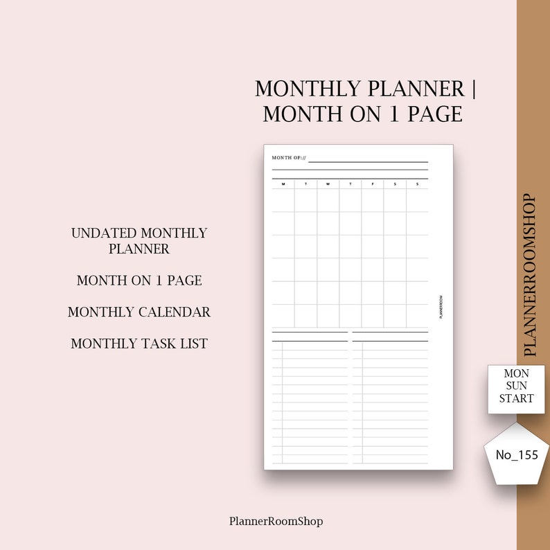 Printable Monthly Planner Inserts, Month on 1 Page for Personal Planner ...