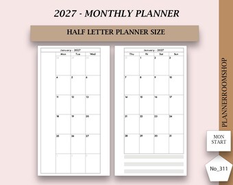 May include: A 2027 monthly planner in half letter size with a Monday start. The layout features two white pages with black grid lines for January 2027, including numbered dates, days of the week, and three horizontal lines at the bottom.