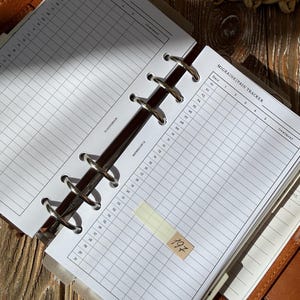 Op de afbeelding: Een bruine lederen ringbandplanner open op twee witte pagina's met het label Migraine|Pain Tracker. De pagina's bevatten een rasterindeling met kolommen voor datum, 1 tot 5, en behandeling. Een klein rechthoekig memoblaadje met het handgeschreven getal 197 is op de rechterpagina geplakt.