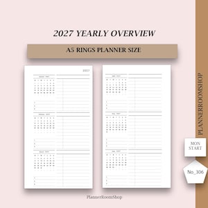 May include: A 2027 yearly overview planner insert in A5 rings planner size. The white pages feature black text, including the headers 2027 YEARLY OVERVIEW, PLANNERROOMSHOP, MON START, and No_306. The layout displays monthly calendars with horizontal lines.