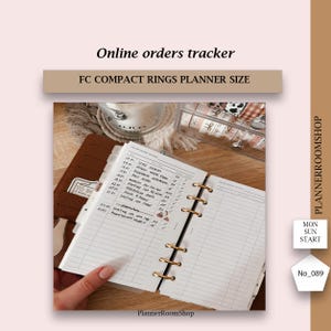 May include: An open ring-bound planner with white paper pages featuring an online orders tracker layout. The pages include columns for dates, order descriptions, and checkmarks. The planner has gold-colored metal rings and a brown cover.