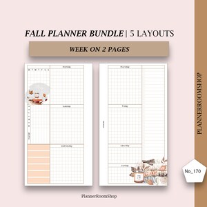 Puede incluir: Un paquete de planificador con tem&aacute;tica oto&ntilde;al, con 5 dise&ntilde;os, que presenta un dise&ntilde;o de semana en dos p&aacute;ginas. Las p&aacute;ginas tienen un dise&ntilde;o de cuadr&iacute;cula y est&aacute;n decoradas con elementos oto&ntilde;ales como hojas, libros y tazas. El texto incluye "Fall Planner Bundle" y "Week on 2 Pages."