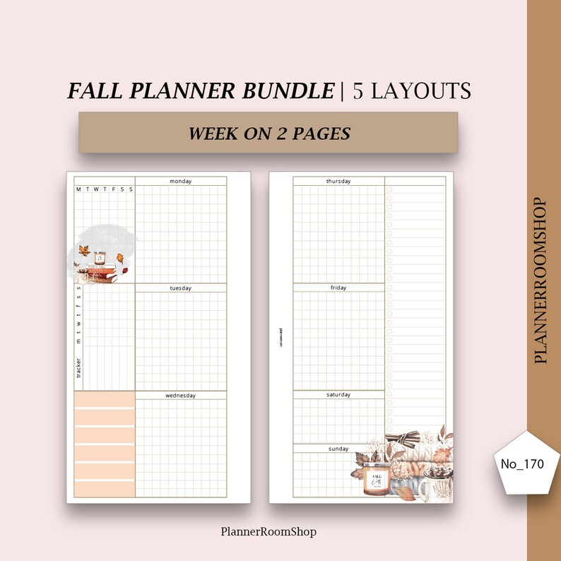 Puede incluir: Un paquete de planificador con tem&aacute;tica oto&ntilde;al, con 5 dise&ntilde;os, que presenta un dise&ntilde;o de semana en dos p&aacute;ginas. Las p&aacute;ginas tienen un dise&ntilde;o de cuadr&iacute;cula y est&aacute;n decoradas con elementos oto&ntilde;ales como hojas, libros y tazas. El texto incluye "Fall Planner Bundle" y "Week on 2 Pages."
