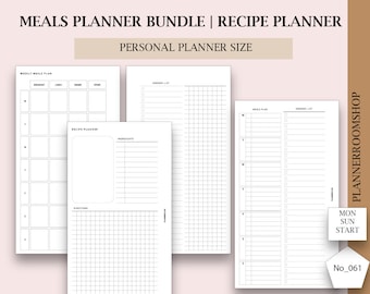 Personal size meal planner, Monthly food diary, Weekly meal planner, Filofax meal planner, Menu planner inserts, printables download, 061