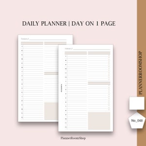 Puede incluir: Una plantilla de planificador diario imprimible con el texto "DAILY PLANNER | DAY ON 1 PAGE" en la parte superior. El planificador tiene dos columnas, cada una con una secci&oacute;n para "TODAY" y franjas horarias de 7:00 a 12:00. El planificador est&aacute; dise&ntilde;ado para su uso con una hoja de papel est&aacute;ndar de 21,6 x 27,9 cm.