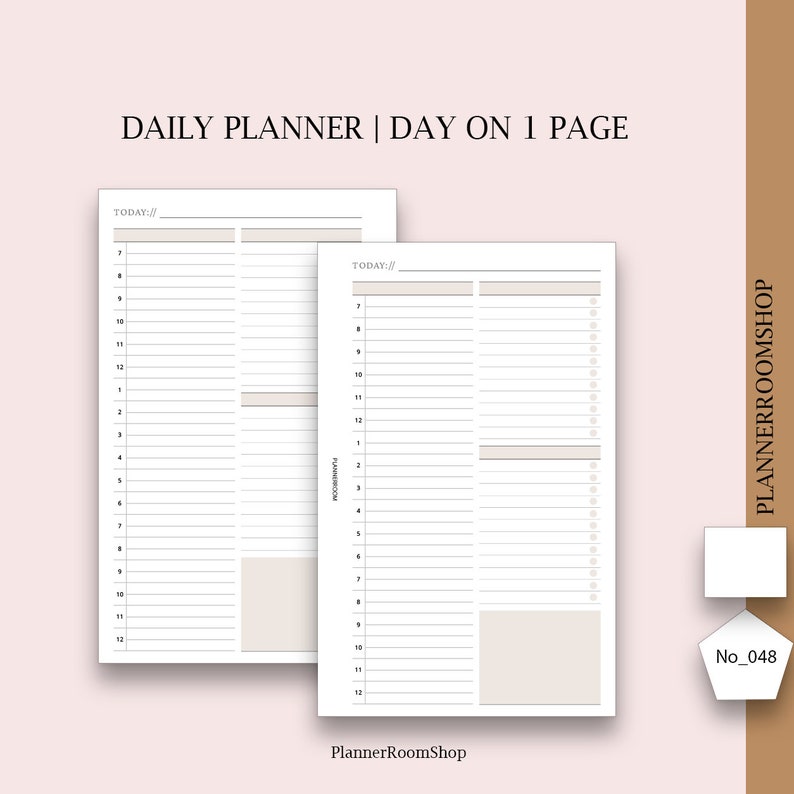 Puede incluir: Una plantilla de planificador diario imprimible con el texto "DAILY PLANNER | DAY ON 1 PAGE" en la parte superior. El planificador tiene dos columnas, cada una con una secci&oacute;n para "TODAY" y franjas horarias de 7:00 a 12:00. El planificador est&aacute; dise&ntilde;ado para su uso con una hoja de papel est&aacute;ndar de 21,6 x 27,9 cm.