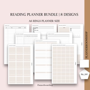 Könnte beinhalten: Ein Satz von acht druckbaren Lese-Planerseiten in Schwarzweiß. Die Seiten beinhalten Abschnitte für Bücher zum Lesen, Lese-Tracker, Lieblingsbücher, Lesechallenge und Buchrezensionen. Die Seiten sind für A6-Ringplaner konzipiert.