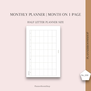 Planificador mensual sin fecha, tamaño media carta, resumen del mes, diseño sencillo, inserciones minimalistas, planificador digital