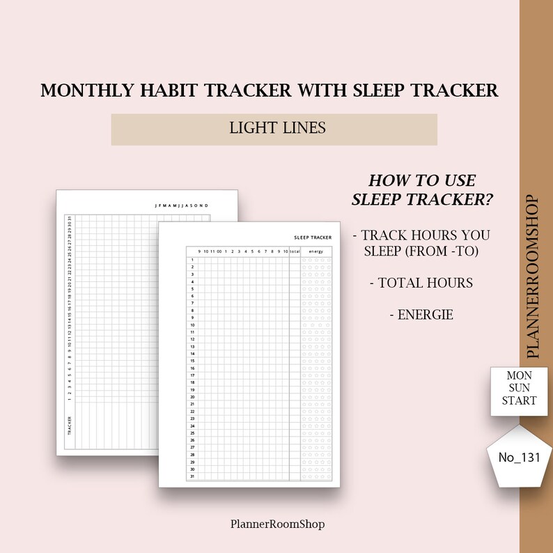 K&ouml;nnte beinhalten: Ein druckbarer monatlicher Gewohnheitstracker mit einem Schlaf-Tracker. Der Tracker hat ein Raster f&uuml;r jeden Tag des Monats und einen separaten Bereich zum Verfolgen der Schlafstunden, der Zeit von bis, der Gesamtstunden und des Energieniveaus. Der Text "Wie man den Schlaf-Tracker verwendet?" befindet sich oben auf der Seite.