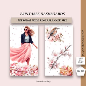 May include: Printable dashboards for personal wide rings planner size. The design features two vertical panels. One panel shows a woman in a pink skirt and sunglasses. The other panel shows a bird on a flowering branch. The text "Printable Dashboards" is at the top.