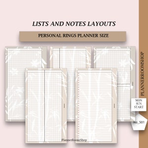 Può includere: Cinque inserti di carta per agenda ad anelli formato personal con layout per elenchi e note. Le pagine presentano un formato a griglia o a righe con un motivo a foglie di bambù beige chiaro. Il testo include LISTS AND NOTES LAYOUTS, PERSONAL RINGS PLANNER SIZE, PLANNERROOMSHOP, MON SUN START e No_501.