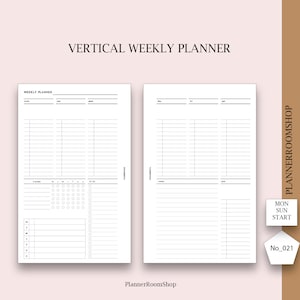 May include: A printable vertical weekly planner with a black and white design. The planner includes sections for daily tasks, notes, and a habit tracker. The text "VERTICAL WEEKLY PLANNER" is at the top of the page. The text "PLANNERROOMSHOP" is in the bottom right corner of the page. The text "MON SUN START" is in the bottom right corner of the page. The text "No_021" is in the bottom right corner of the page.