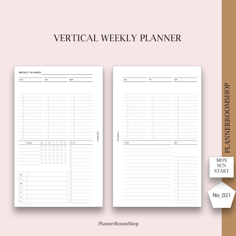 May include: A printable vertical weekly planner with a black and white design. The planner includes sections for daily tasks, notes, and a habit tracker. The text "VERTICAL WEEKLY PLANNER" is at the top of the page. The text "PLANNERROOMSHOP" is in the bottom right corner of the page. The text "MON SUN START" is in the bottom right corner of the page. The text "No_021" is in the bottom right corner of the page.