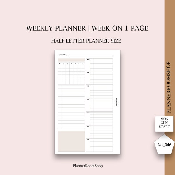 Weekly printable planner, Half Letter inserts, Undated weekly planner, Functional weekly agenda, 046