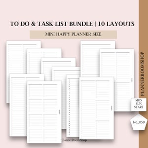 Puede incluir: Un conjunto de 10 plantillas imprimibles de listas de tareas y cosas por hacer en blanco y negro. Las plantillas están diseñadas para usar con un mini planificador feliz. El texto "TO DO & TASK LIST BUNDLE | 10 LAYOUTS" y "MINI HAPPY PLANNER SIZE" está en la parte superior de la imagen. El texto "PlannerRoomShop" está en la parte inferior de la imagen. El texto "PLANNERROOMSHOP" está en el lado derecho de la imagen. El texto "MON SUN START" y "No_059" está en el lado derecho de la imagen.