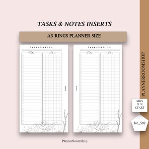 May include: Two A5 ring planner inserts with the text "TASKS & NOTES INSERTS" and "A5 RINGS PLANNER SIZE". Each insert has a "Tasks" and "Notes" section with floral illustrations. The PlannerRoomShop logo is visible.