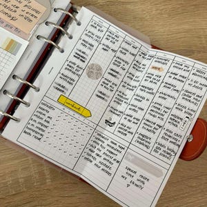 May include: A planner with handwritten notes and a daily schedule. The open pages show a weekly layout with checkboxes, to-do lists, and time slots. The planner includes notes about work, personal tasks, and family time. The planner is open on a wooden surface.