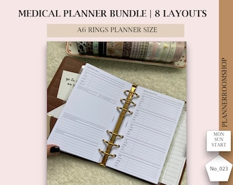 Medical planner, 8 pdf Printables for A6 rings planner size, medicine, instant download, tracker, notes, visits, 023