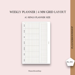 Undated weekly insers, A5 rings planner, Horizontal weekly printables, Grid weekly layout