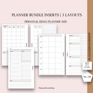 May include: Three printable planner page layouts for personal size ring planners. The layouts include a monthly calendar, a daily schedule, and a weekly planner with space for notes, priorities, and appointments.
