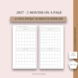 May include: A 2027 planner insert featuring two months per page with a Monday start. The white paper displays a yearly overview for January through April in a grid format. Text includes 2027 - 2 MONTHS ON A PAGE, A7 PLUS, POCKET XL RINGS PLANNER SIZE, PLANNERROOMSHOP, MON START, and No_323.