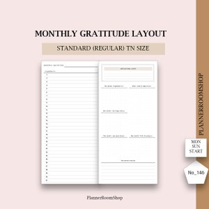 May include: A planner insert with the text "MONTHLY GRATITUDE LAYOUT" and "STANDARD (REGULAR) TN SIZE." The insert includes sections for gratitude, inspirational quotes, and monthly reflections. The PlannerRoomShop logo is visible.