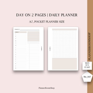 Pocket, A7 Daily Inserts, Undated Day On 2 Pages, Printable Planner Inserts, Filofax Rings, Day Planner, Timed Schedule, To Do, DO1P, 047