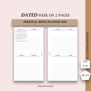 2025 DATED WEEKLY planner, week at a glance, printable weekly layout, vertical weekly refill, Week on 2 pages, Personal rings 313