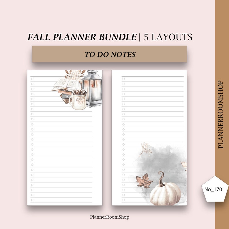 Puede incluir: Paquete de planificador de oto&ntilde;o con 5 dise&ntilde;os. La imagen muestra dos p&aacute;ginas de listas de tareas con ilustraciones oto&ntilde;ales. Una p&aacute;gina presenta una linterna, una taza y libros. La otra p&aacute;gina tiene una calabaza y hojas. El texto "TO DO NOTES" es visible.