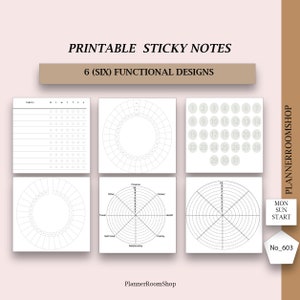 May include: Printable sticky notes with six functional designs. The designs include a habit tracker, a monthly calendar, a wheel of life, a goal tracker, a daily planner, and a habit tracker. The notes are white with black lines.