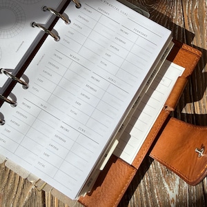 May include: A tan leather binder containing white planner pages with black text. The visible page is titled Annual Financial Goal and features a grid layout for tracking income, expenses, savings, and debt for the months of January through June.