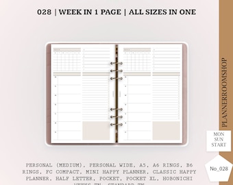 Weekly planner, Week on 1 page, Minimalist weekly, Weekly template, Digital planner, PDF inserts, Printable refill, 028