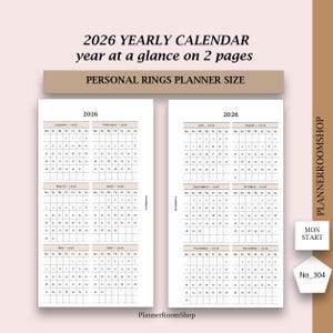 May include: A two-page 2026 yearly calendar with a neutral color scheme. The calendar is designed for a personal rings planner size, with each month clearly displayed. The text "2026 YEARLY CALENDAR" is at the top.