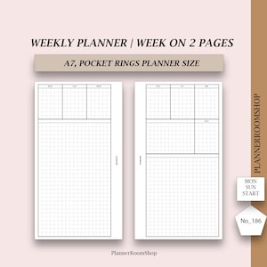 Könnte beinhalten: Weißer Wochenplaner-Einsatz für A7-Taschenringe mit Wochenübersicht auf zwei Seiten. Der Planer hat ein Rastermuster und Abschnitte für jeden Wochentag. Text enthält "WEEKLY PLANNER / WEEK ON 2 PAGES" und "A7, POCKET RINGS PLANNER SIZE".